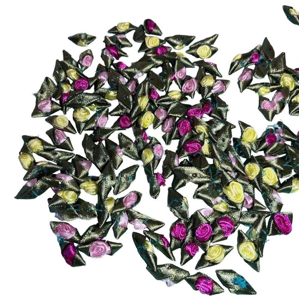 Lot 100+ Yellow Pink White Green Raspberry Satin  Ribbon Roses Crafting Sewing